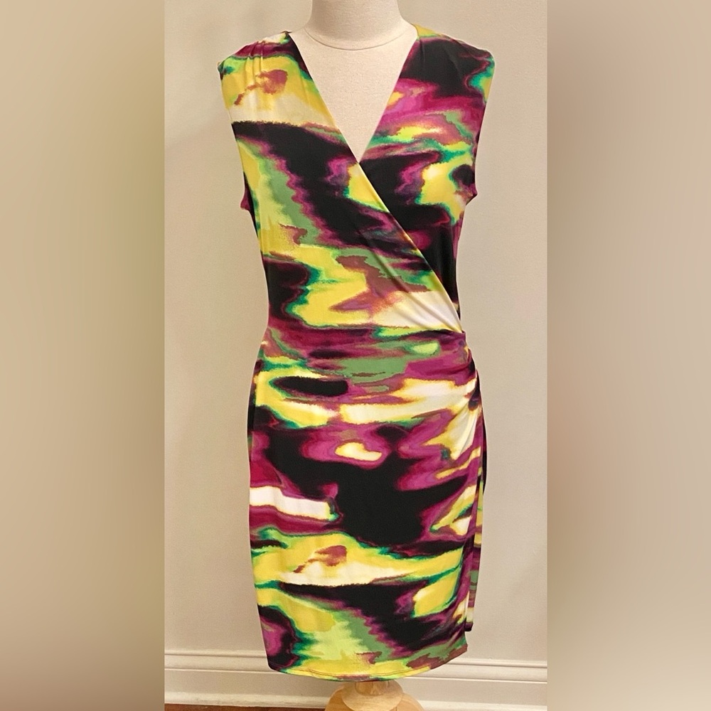 Worthington Yellow Purple Black SZ L Modern Contemporary Upscale Career Dress